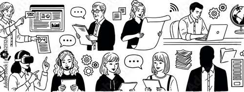 Minimalist vector art diverse business people working with laptops tablets virtual reality headsets and documents in office environment collaboration