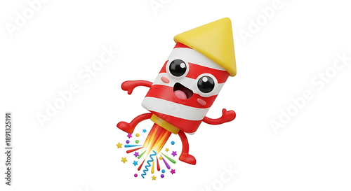 3D cartoon mascot flying like a rocket, fun character, celebration concept, success achievement, startup launch, business growth, party hat, creative illustration, isolated on white background