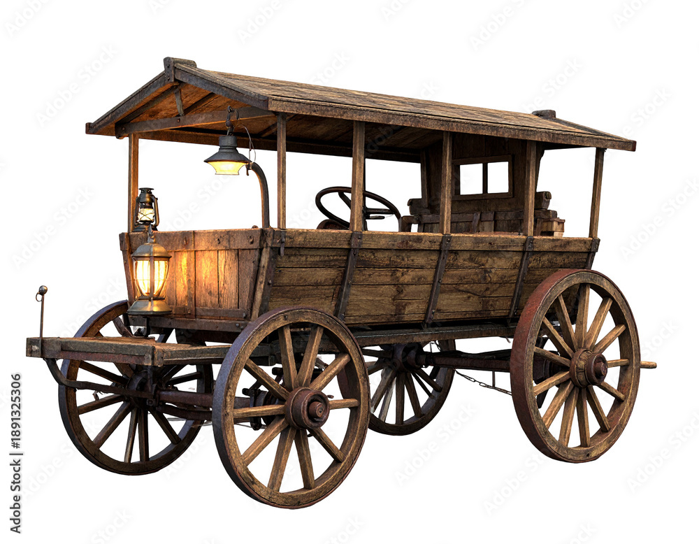 Fototapeta premium Rustic wooden wagon with oil lamps, weathered planks, and carriage wheels