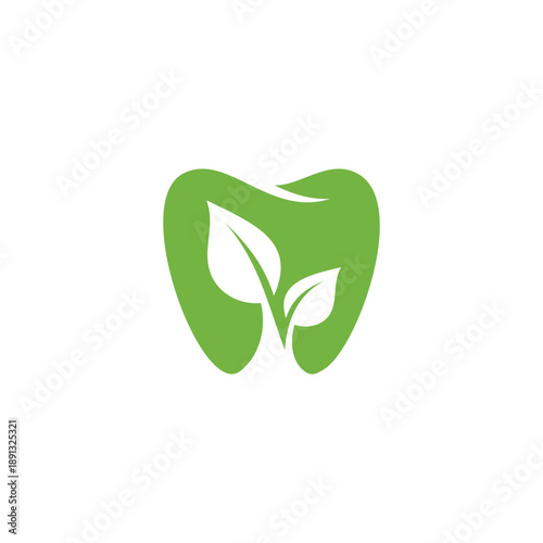 Green tooth logo with leaves symbolizing organic dental care and natural health