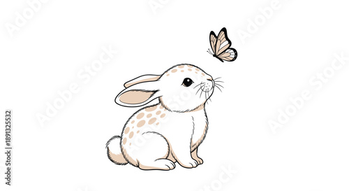 Adorable white spotted rabbit looking up at a butterfly fluttering near its nose on a clean white background for nature illustration.