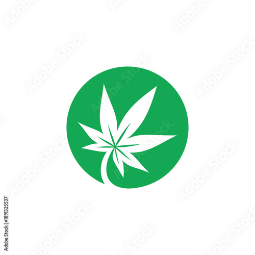 Green cannabis leaf icon symbol in a circle isolated on a white background, representing nature and organic products