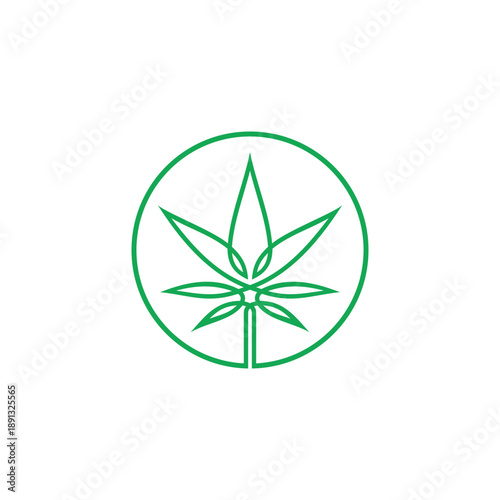 Simple green cannabis leaf icon with a circular outline, representing nature and healthy living