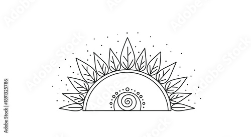 Abstract semi-circle decorative design featuring stylized leaves and a central spiral motif with stippled background dots.