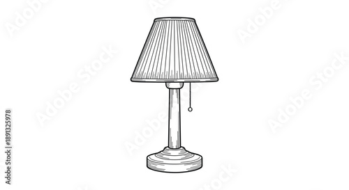 Classic table lamp with a pleated shade and a pull chain switch shown in a detailed black and white sketch style.