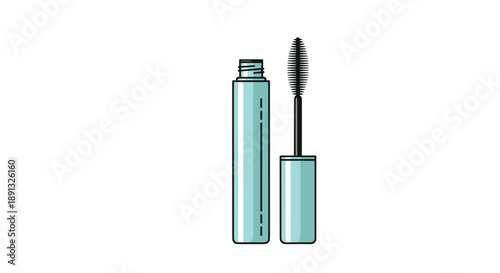 Cosmetic mascara tube and applicator brush in a light blue color shown on a clean white background for beauty concepts.
