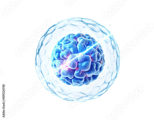 Glowing blue brain structure within a translucent sphere with energy bursts