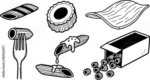 Monochrome hand drawn pasta types set with macaroni noodles rigatoni farfalle and fork dripping sauce in simple line art style