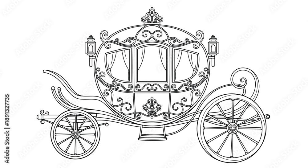 Fototapeta premium Detailed black and white line art illustration of an ornate royal horse drawn carriage with wheels and decorative flourishes.