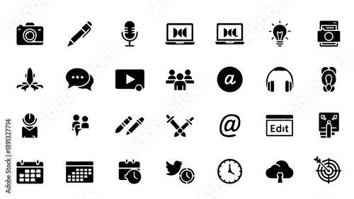 Collection of communication and technology icons isolated on transparent background, Vector