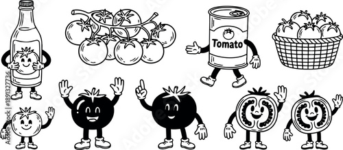 Retro cartoon tomato mascot set with smiling whole tomatoes sliced tomato can and bottle characters waving in front closeup