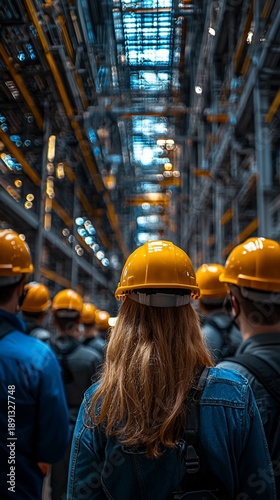 Workers in hard hats look upward inside a large industrial facility