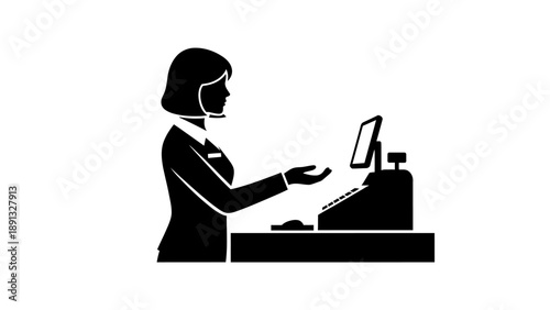 Woman operating a cash register at a retail counter.