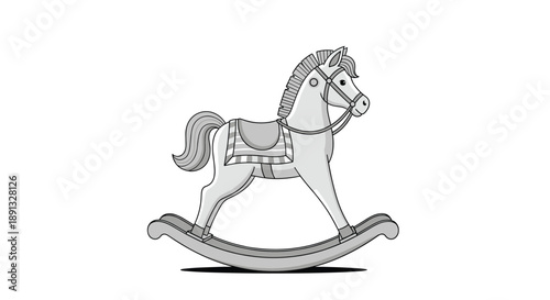 Classic gray and white rocking horse illustration with a striped saddle and curved base for children's toy or nursery theme.