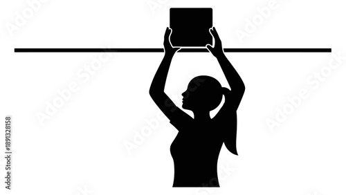 Woman silhouette holding a box above her head.
