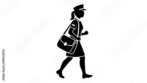 Silhouette of a woman walking with a bag.
