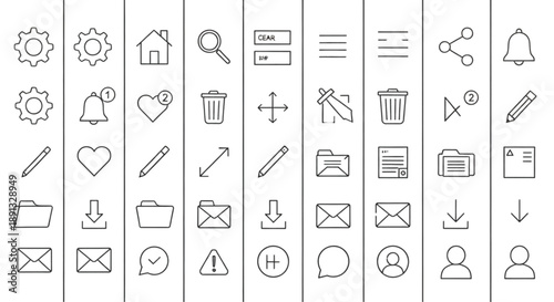 Large outline user interface icon set with home, search, messages, files, settings and notification symbols vector illustration