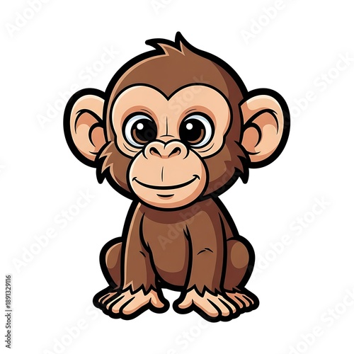 Cute Cartoon Monkey Sitting on White Background.