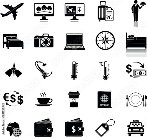 Comprehensive collection of black and white travel icons featuring airplanes hotels cameras compasses passports currency exchange and transportation symbols