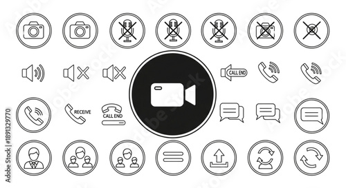 Circular user interface icon set with video camera center for web and mobile app design