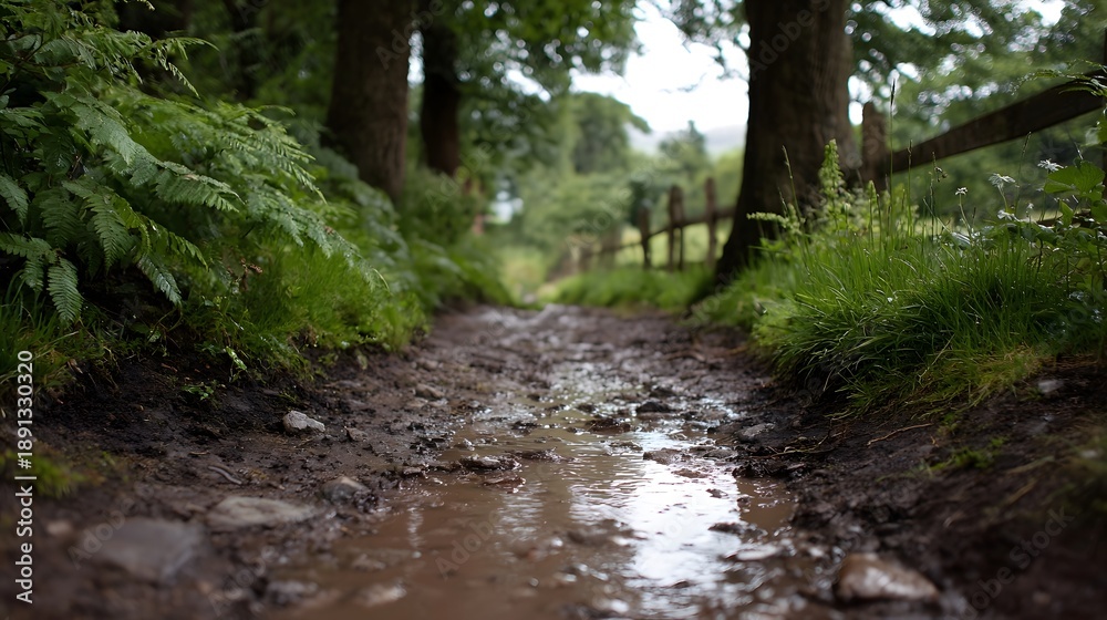 Obraz premium A muddy forest path with puddles surrounded by green ferns and trees after a rain shower