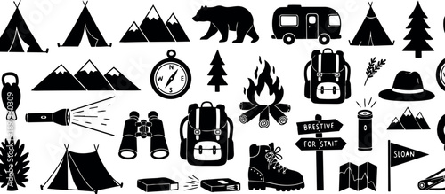 Monochrome flat design camping icons including tents, mountains, bear, backpack, compass, fire, boot and flashlight collection