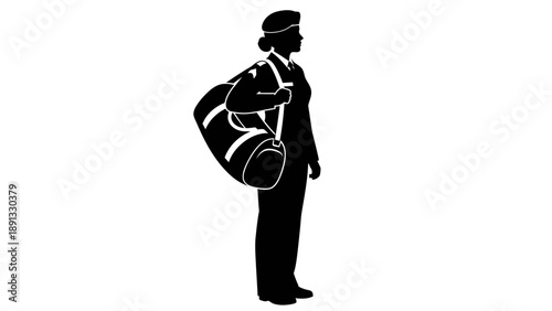 Silhouette of a man carrying a large bag on his back.