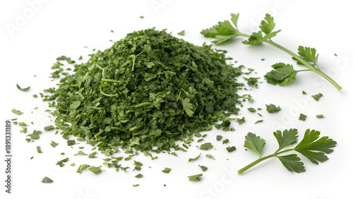 Chopped dry parsley leaves, pile isolated on white background, top view