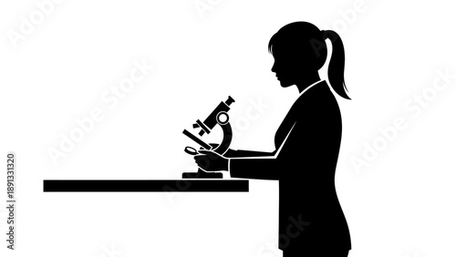 Silhouette of a female scientist examining a specimen under a microscope.