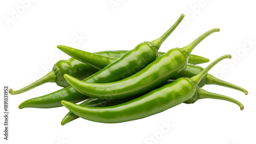 Pile of fresh green chili peppers, spicy ingredients for cooking, isolated