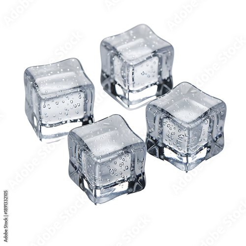 Four Clear Ice Cubes with Bubbles isolated on Transparent Background