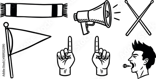 Hand drawn vector art set of sports fan elements including scarf flag megaphone hands and shouting man profile in monochrome style