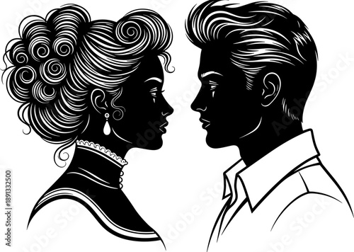 Silhouette of a vintage romantic couple looking into each other's eyes, elegant woman with intricate hairstyle and man in collared shirt
