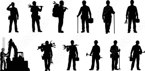 Set of silhouettes of construction workers and industrial laborers holding tools, equipment, and wearing hard hats for professional safety concept