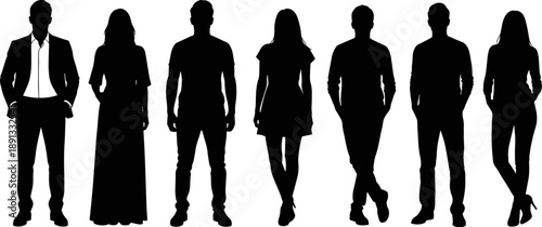 Set of silhouettes of people standing in various poses, professional men and women in casual and formal attire on white background