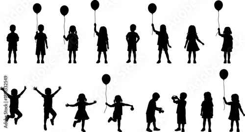 Set of silhouettes of happy children playing with balloons, jumping, and dancing, celebrating childhood joy and freedom on white