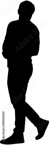 Silhouette of a man walking forward with a confident stride, person in casual clothing moving towards his future goals on white