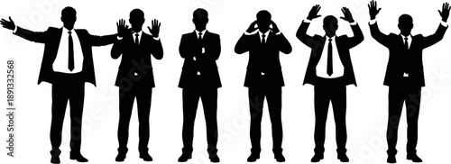 Set of silhouettes of a businessman in a suit with various hand gestures representing success, celebration, frustration, and leadership