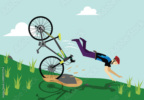 A cyclist accidently falls down because of a puddle. Editable Clip Art.