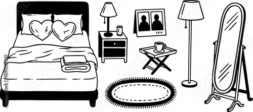 Minimalist line art bedroom set with double bed heart pillows nightstand lamp mirror and coffee tray in simple sketch style
