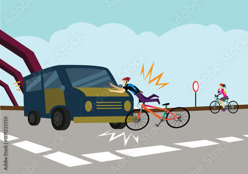 A biker collided with a van on a highway. Editable Clip Art.
