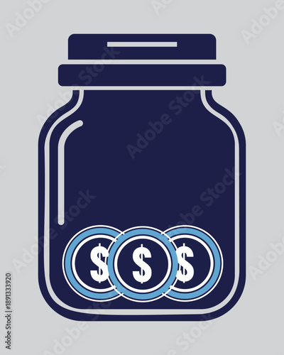 Money savings jar icon with dollar coins, financial planning and investment concept.
