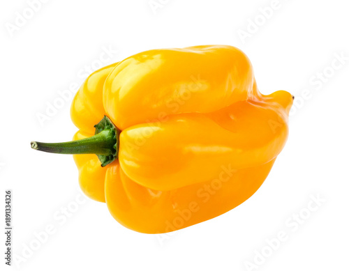A vibrant, bumpy yellow pepper with a green stem, isolated on a black background