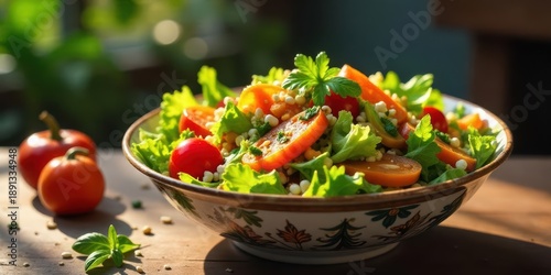 Wallpaper Mural A vibrant and healthy salad featuring sun-kissed tomatoes, bright orange slices, and a delicate garnish of fresh herbs, served in an ornate bowl on a rustic wooden table Torontodigital.ca
