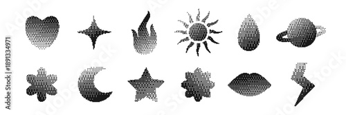 Abstract symbolic icons set with bitmap dithering texture. Retro pixel vector shapes