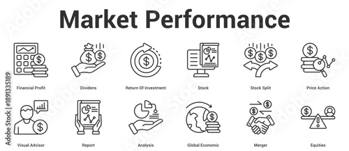 Market Performance icon set editable stroke vector illustration concept for business with icon of Financial Profit, Dividens, Return Of Investment, Stock, Stock Split, Price Action, Visual Advisor,.
