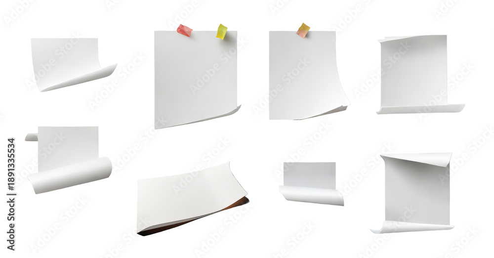 Fototapeta premium Set of white paper pieces in a random patterns on transparent background note sheets template