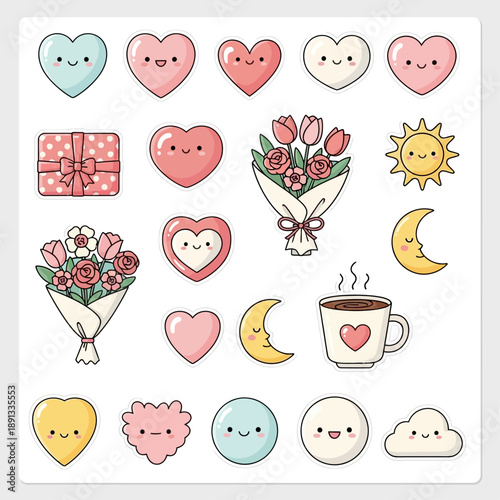 Heartfelt Emotions and Gifts Illustration Featuring Bouquets and Coffee on a White Background from a Direct Viewpoint