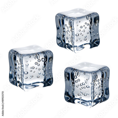 Three Transparent Ice Cubes with Bubbles clear isolated on Transparent Background