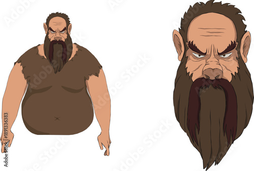 Large bearded tribal man with angry expression, front portrait and full body in brown cloth, primitive native character vector set, islander warrior for cultural and story design.